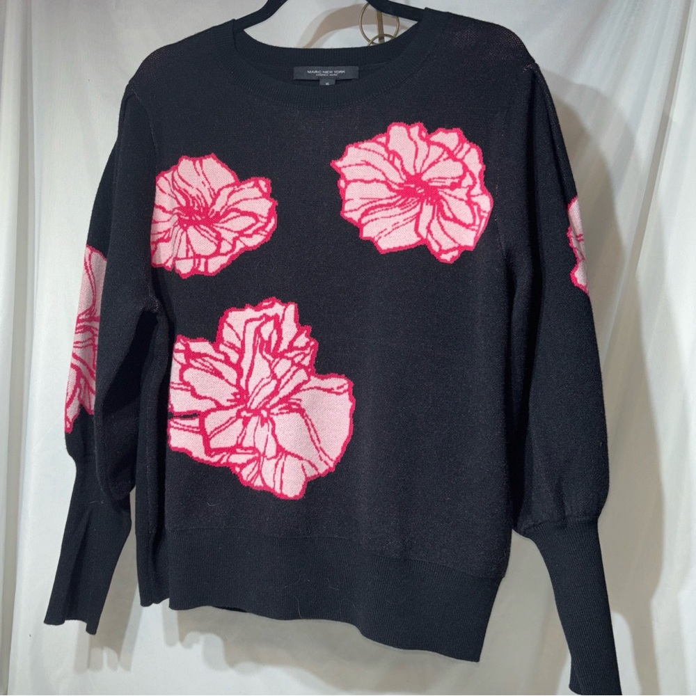 MARC NEW YORK Womens Black W Roses And Puff Long Sleeves SWEATER  Sz. XL